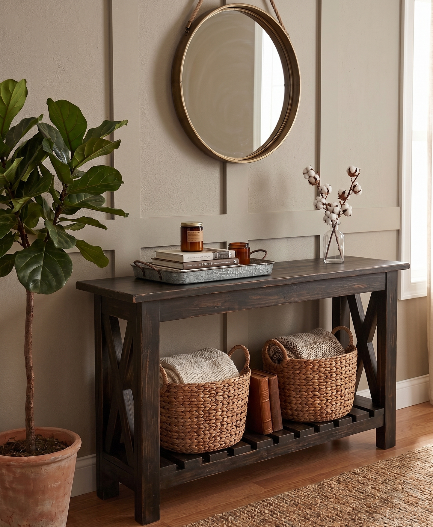 Wooden console table with baskets and a mirror in a room setting