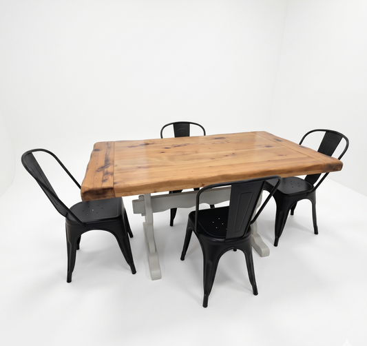 Preowned - 5pc Rustic Trestle Farmhouse Table Set