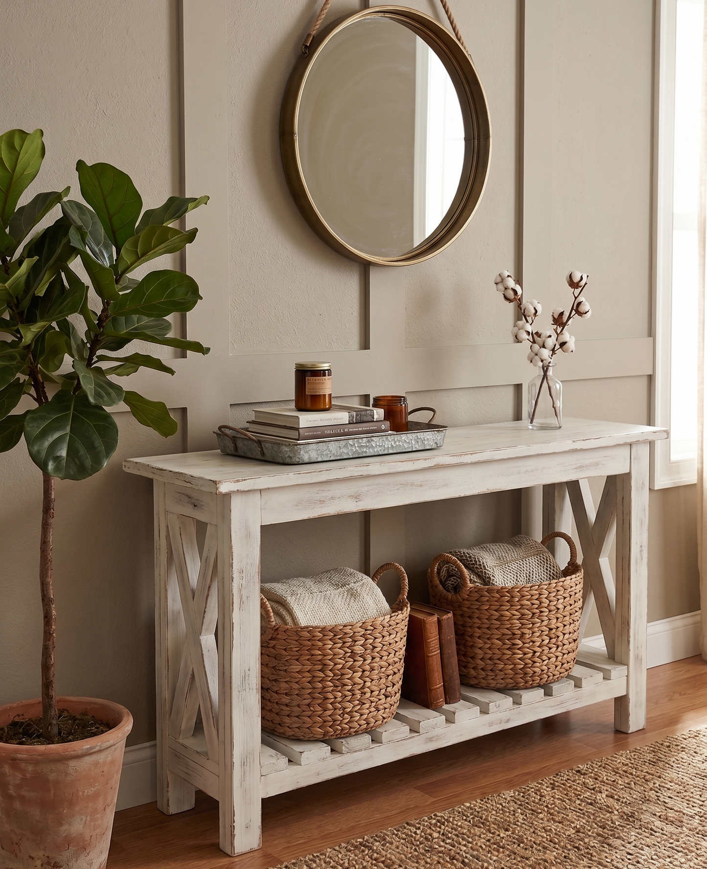 White console table with wicker baskets and decorative items against a neutral wall.