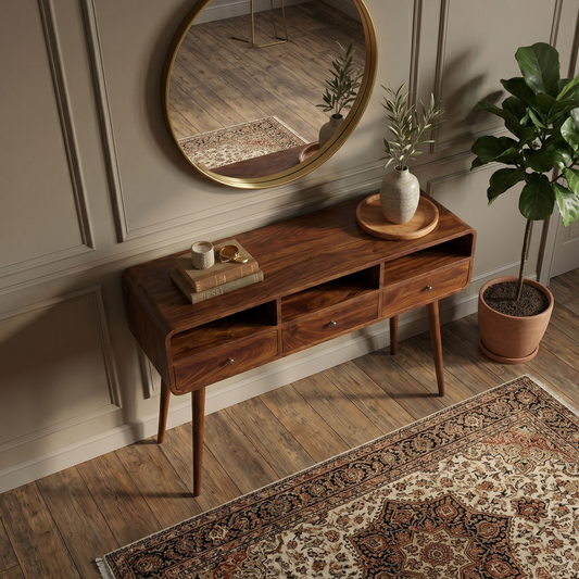 Wooden console table with decorative items in a room with a round mirror and plant.