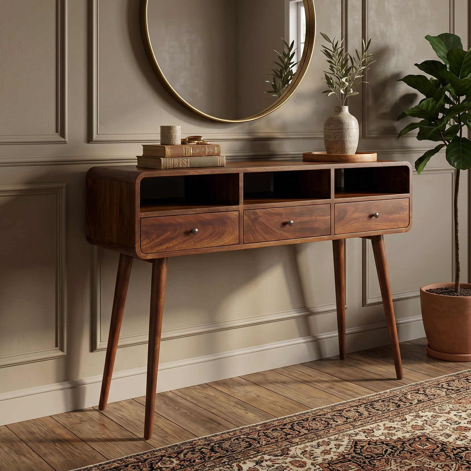 Wooden console table with round mirror and plant in a room with wooden floor and patterned rug.